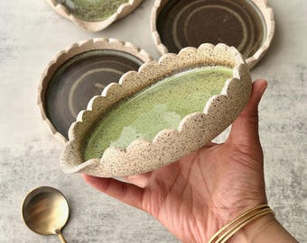 Handmade Ceramic Scalloped Spoon Rest: Jade or Matcha Glaze