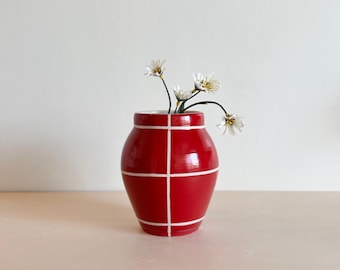 Red ceramic Valentine Vase with white stripes, handmade ceramic vase for floral arrangements and home decor