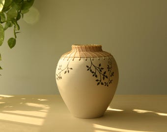 Wheel Thrown Ceramic Vase with Woven Bamboo and Hand Painted Vines | Earthy Pottery