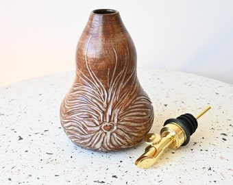 Wood Brown Medium Ceramic Oil Bottle, Oil Dispenser, Mother’s Day Gift, Housewarming Gift, Coconut Oil, Home Decor, Hair Care, Cruet, Rustic