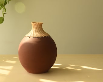 Wheel Thrown Terra Cotta Vase with Woven Bamboo Neck | Rustic Japandi Decor