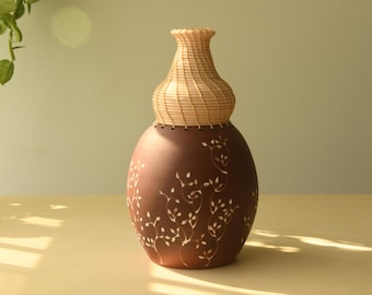 Wheel Thrown Terra Red Vase with Hand-Painted Vines and Woven Bamboo | Rustic Pottery