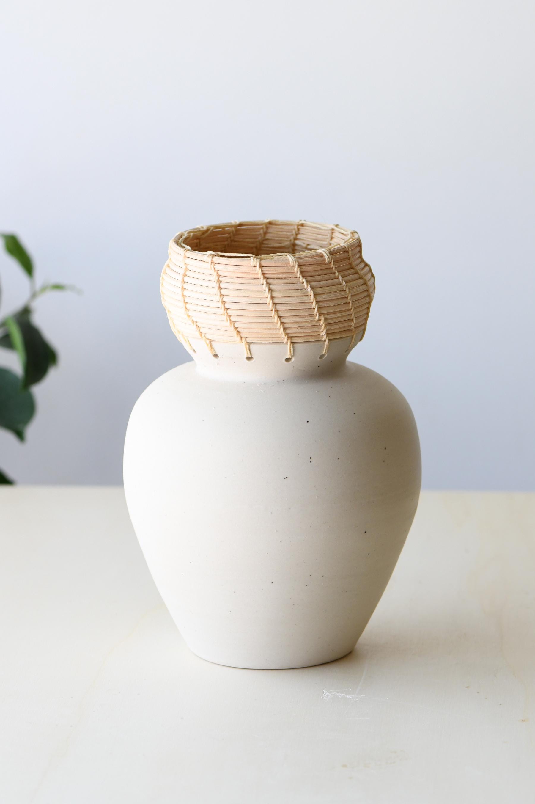 Wheel Thrown White Stoneware Vase With Woven Bamboo | Japandi Boho ...