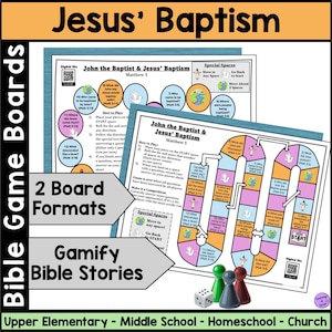 Op de afbeelding: Twee bordspelformaten voor Bijbelverhalen, met de tekst "Jezus' Doop" bovenaan. De spellen zijn ontworpen voor de bovenbouw, middelbare school, thuisonderwijs en kerk. Inclusief dobbelstenen en pionnen.