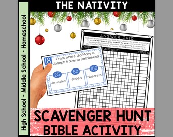 May include: A Christmas-themed scavenger hunt game for children. The game features a question card with the text "From where did Mary & Joseph travel to Bethlehem?" and three answer options: Jerusalem, Judea, and Nazareth. The answer options are each assigned a point value: 25, 50, and 100. The game also includes an answer grid.