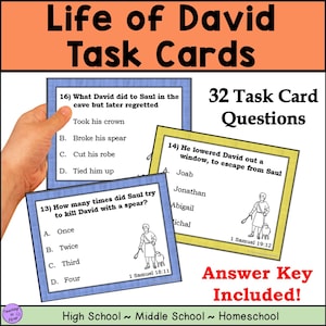 May include: Blue and yellow task cards with questions about the life of David from the Bible. The cards feature illustrations and scripture references. 32 Task Card Questions. Answer Key Included! High School ~ Middle School ~ Homeschool.
