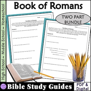 Peut inclure: Un lot de deux guides d'étude biblique imprimables pour le livre des Romains. Le guide présente un schéma de couleurs bleu et vert avec le titre "Livre des Romains" en grande police blanche. Le guide comprend des questions sur le livre des Romains, telles que "Qui a écrit ce livre et comment s'est-il décrit ?" et "De quoi nous vantons-nous ?"