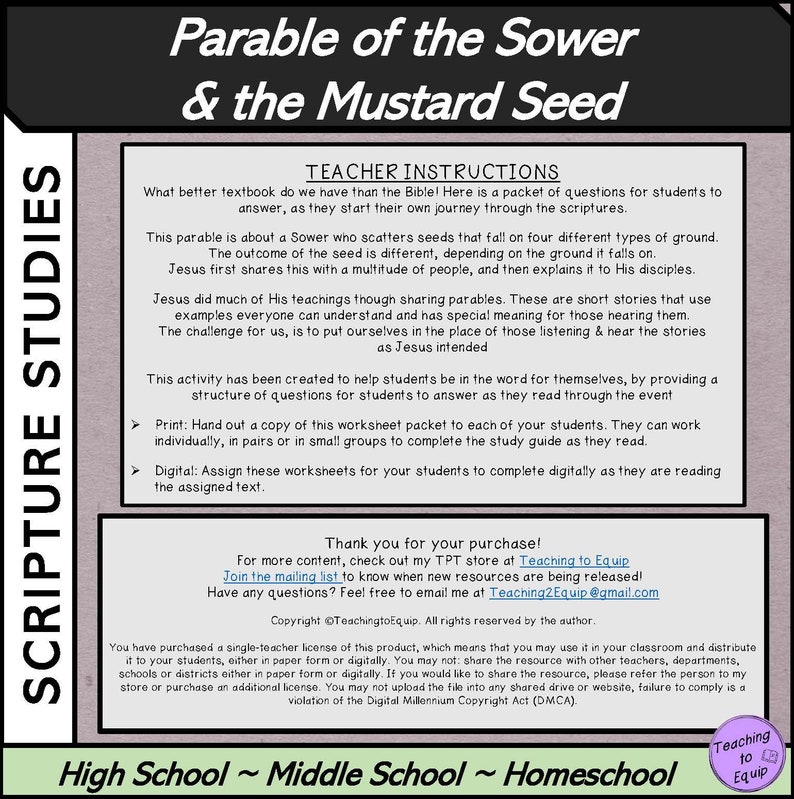 Parable of the Sower and Mustard Seed Bible Study - Etsy