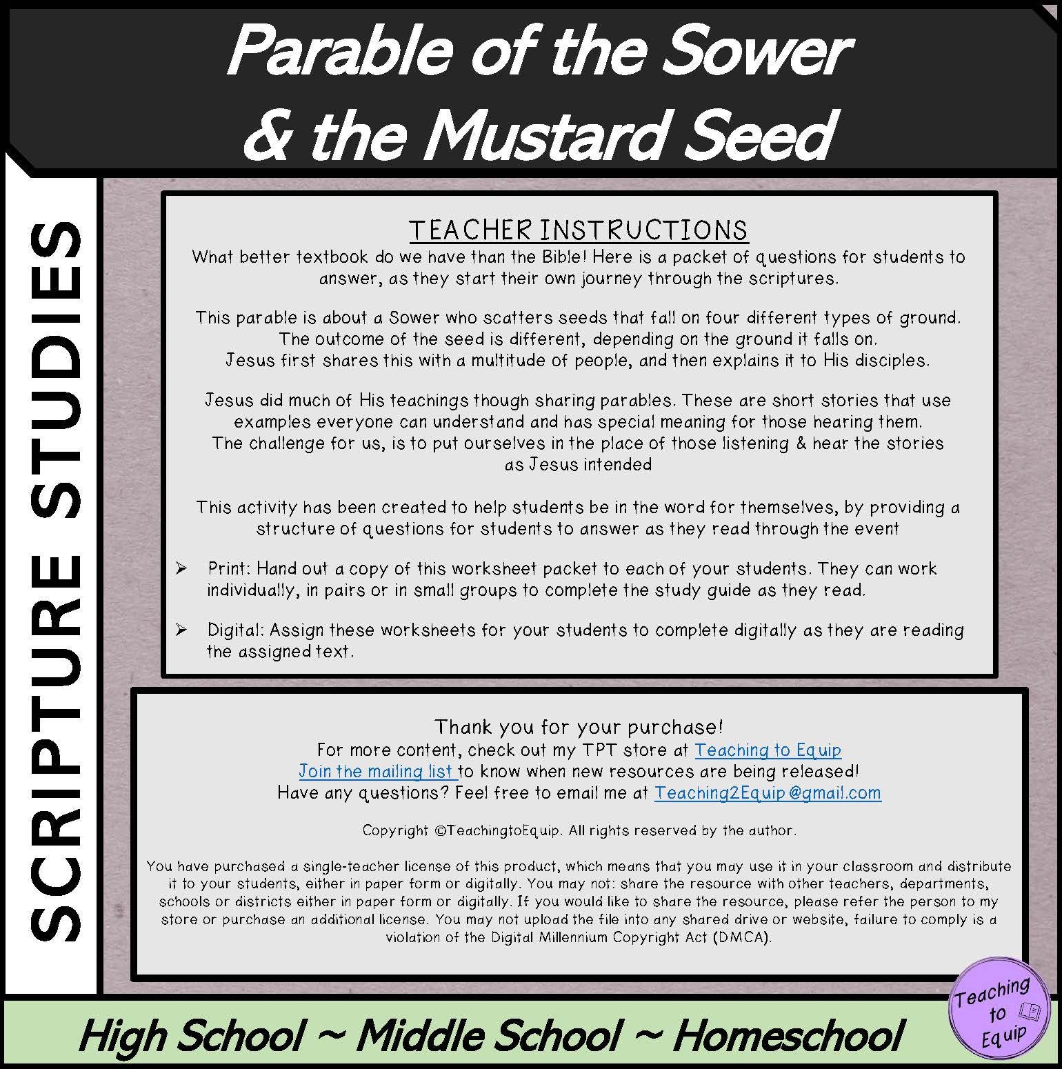 Parable of the Sower and Mustard Seed Bible Study Worksheets - Etsy