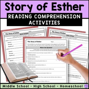 May include: Educational materials for middle and high school students. The image shows worksheets titled "Story of Esther" with reading comprehension activities. A hand holds a pink pen, and an open book is visible.