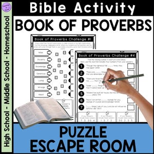 May include: Black and white printable Bible activity puzzle escape room for middle and high school students. The activity is based on the Book of Proverbs. The image shows two pages of the activity with the text "Book of Proverbs Challenge #1" and "Book of Proverbs Challenge #4".