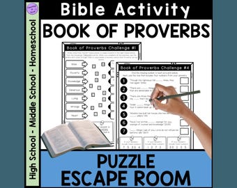 May include: Black and white printable Bible activity puzzle escape room for middle and high school students. The activity is based on the Book of Proverbs. The image shows two pages of the activity with the text "Book of Proverbs Challenge #1" and "Book of Proverbs Challenge #4".