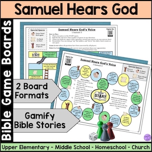 Può includere: Tabelloni di gioco educativi intitolati "Samuel Hears God" con il testo "Bible Game Boards". I tabelloni presentano spazi di gioco circolari colorati e il testo "Samuel Hears God's Voice". Include pedine e dadi. Sono visibili anche i testi "2 Board Formats" e "Gamify Bible Stories".