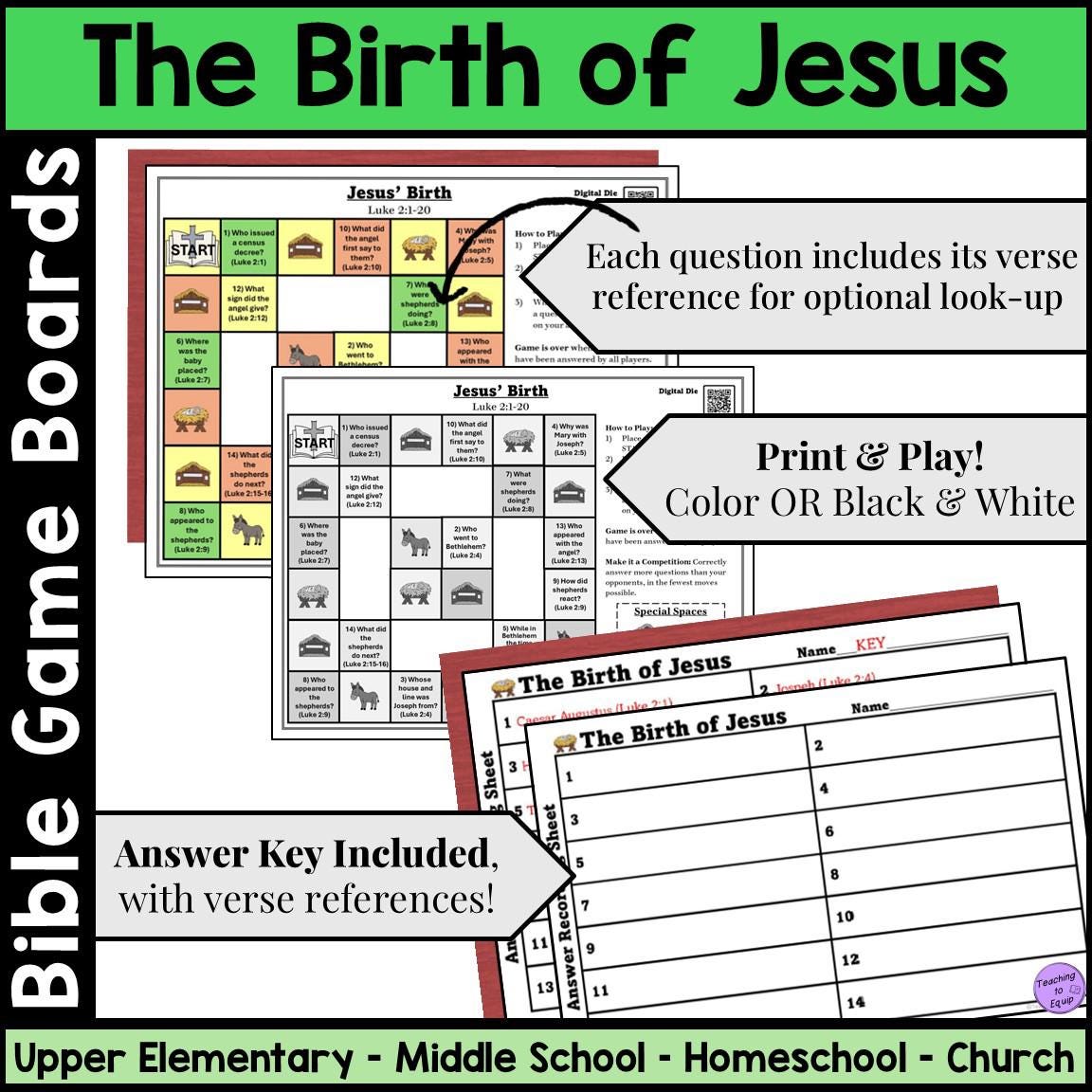 Bible Game Board: Story of Jesus Birth Lesson Activity Christmas ...