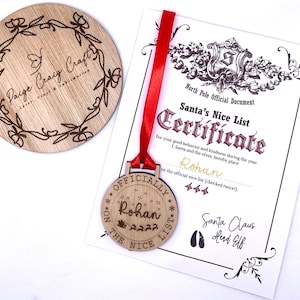 Nice list medal and Certificate for Christmas Eve box. Personalised medal. Personalised Certificate
