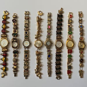 8 Gold Tone Vintage Charm Style Gemstone Watches, Sold Separately