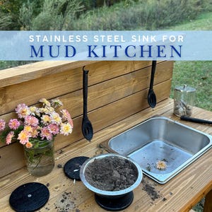 Stainless Steel Sink basin for outdoor Wood Mud Kitchen, Double Sink, Working Water Faucet, Stovetop and Knobs, Children Sensory Play