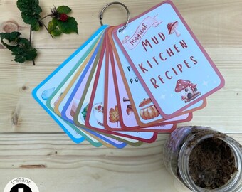 Recipe Cards for Mud Kitchen outdoor play Montessori nature scavenger hunt for children activity for printable backyard kids birthday games