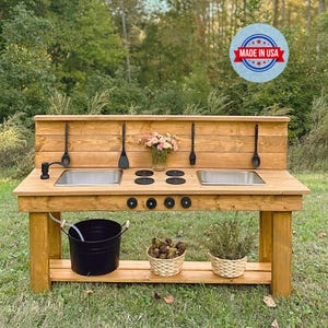 Large Outdoor Wood Mud Kitchen, Double Sink, Working Water Faucet, Stovetop and Knobs, Children Sensory Play, Wooden Heirloom Christmas Gift