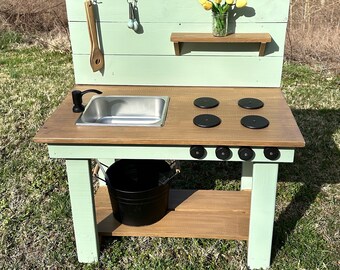 Outdoor small play mud kitchen for kids, Children's sink sensory table, Montessori working water faucet, functional wooden educational toy