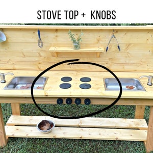 Mud Kitchen Stove Top and Knobs, Functional Montessori outdoor play accessories, Nature school playground equipment, Kids wood cooktop toy