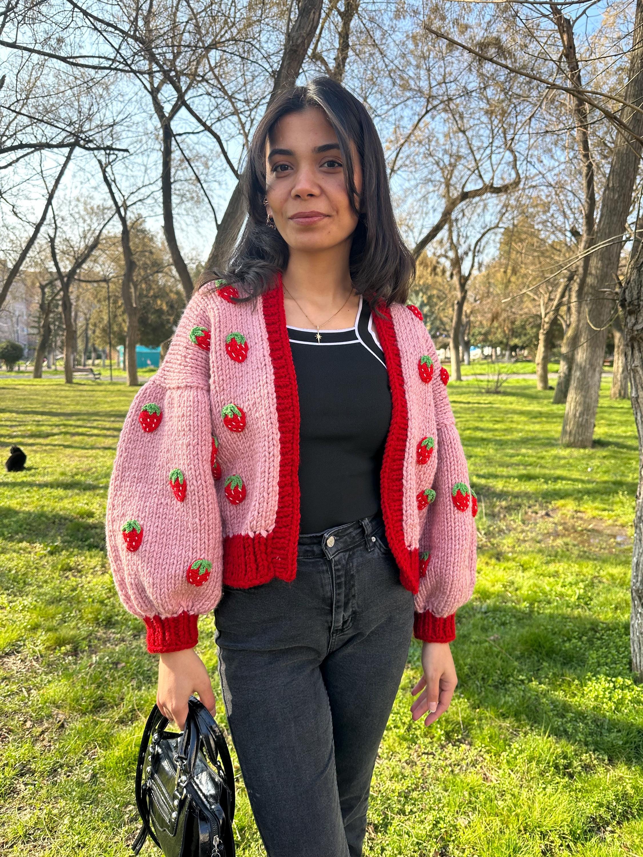 Strawberry Cardigan, Thick Sweater, Unique Piece for Women