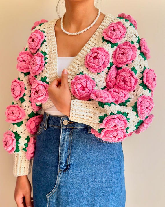 Tubilayka Pink Roses Cardigan,thick Short Cardigan for Women
