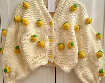 Limon hırka,3D Limon işlemeli kazak,3D meyve işlemeli kazak,kalın kesim hırka,Christmas