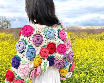 トップス rose flower motif knit cardigan Summer Rose , Red Rose ,rose Embroidered Knit Cardigan , Woman