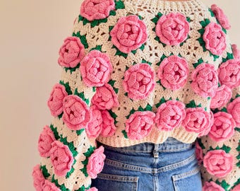 トップス Rose flower motif cardigan pink Leilayca| Love Roses | Vintage | Valentine's Day Gift | 3d