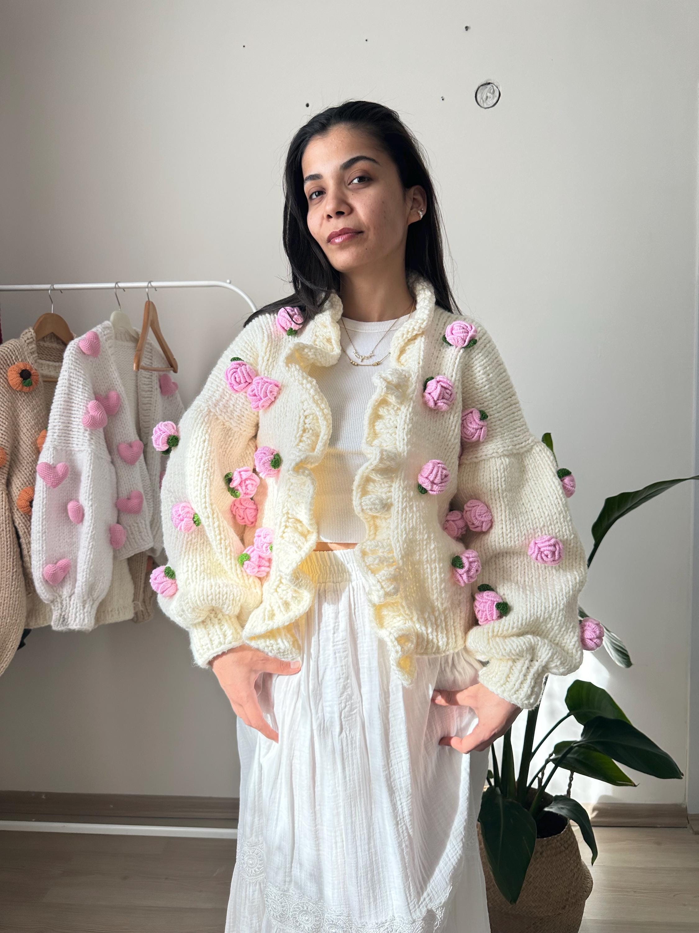 Tubilayka Pink Rose Cardigan | Handmade Floral Knit Sweater