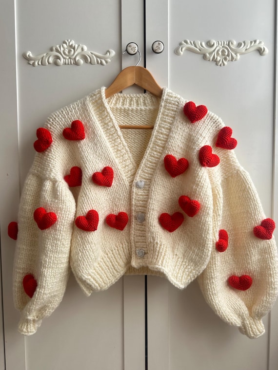 Red Heart Cardigan, Heart Jacket, Crochet Cardigan, Handmade