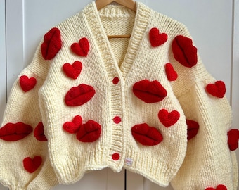 Kiss Cardigan, Heart Cardigan, Love Cardigan, Christmas gift,Valentine’s day gift