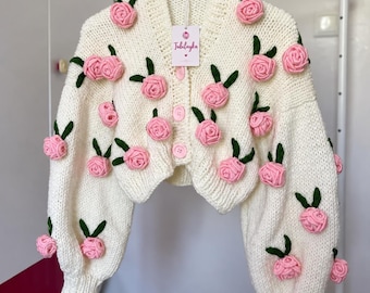 Tubilayka Pink Rose Cardigan | Handmade Floral Knit Sweater