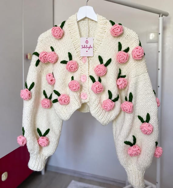 Tubilayka Pink Rose Cardigan | Handmade Floral Knit Sweater