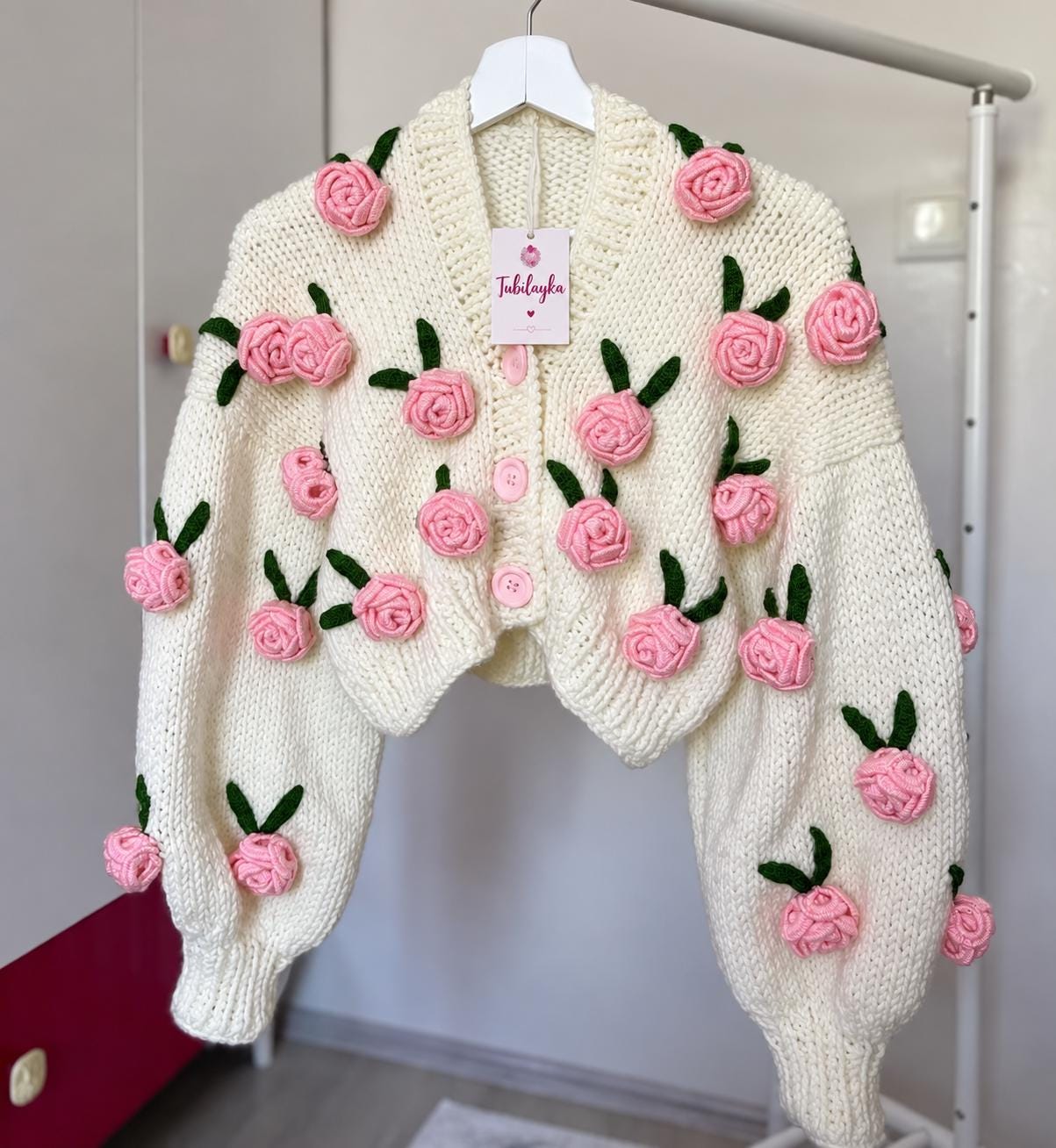 Tubilayka Pink Rose Cardigan | Handmade Floral Knit Sweater