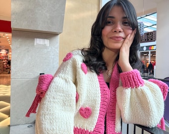 Pink bow cardigan, Pink Bow Cardigan, Women&#39;s Thick Short Cardigan, White Sweater with PinkBow, Unique Gift for Women, valentine’s day gift