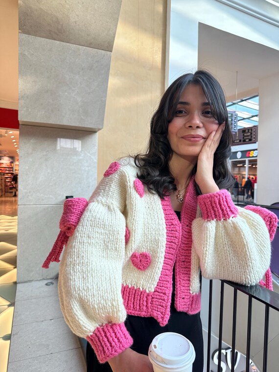 Pink Bow Cardigan, Pink Bow Cardigan, Women's Thick Short Cardigan