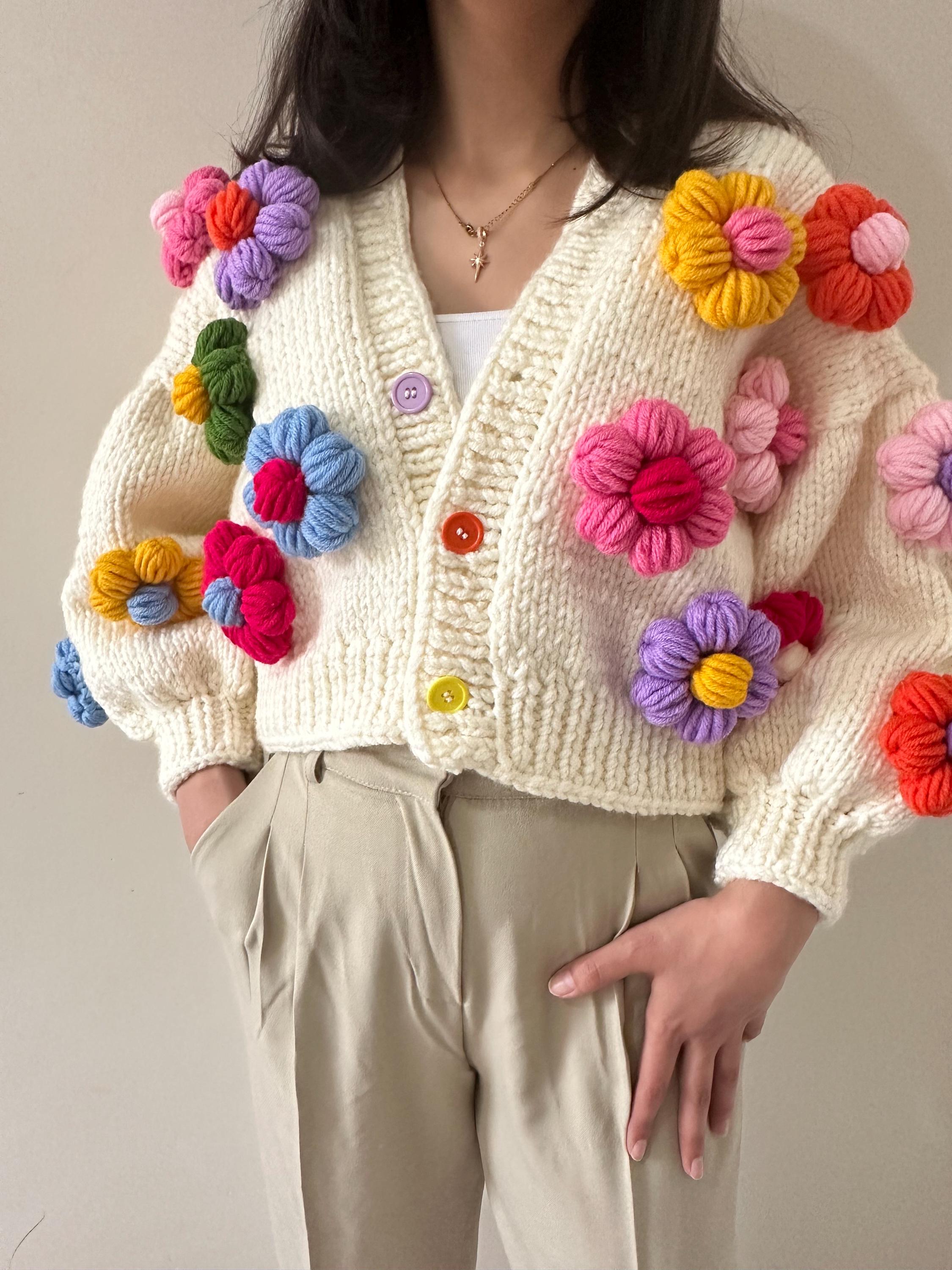 Handmade Cream Daisy Knitted Cardigan, Fluffy Floral