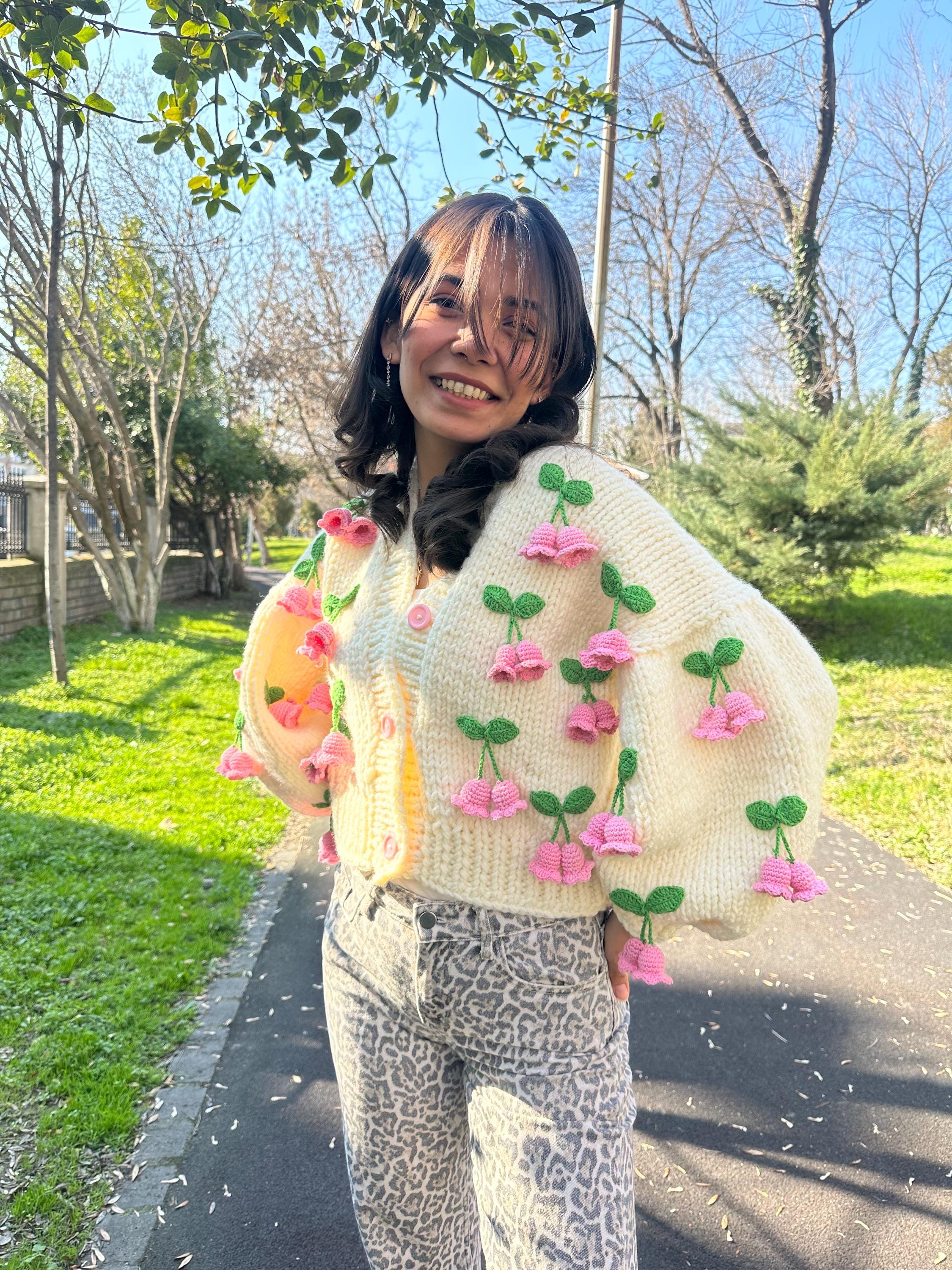 Pink Tulip Cardigan, Floral Cardigan, Thick Knit, Crochet