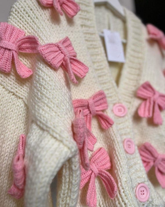 Pink Bows Cardigan, Chunky Cropped Cardigan for Woman, White