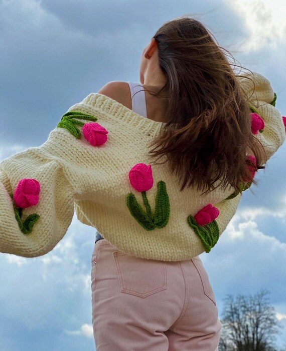 Pink Tulip Retro Cardigan,chunky Cropped Cardigan for Woman, Pink