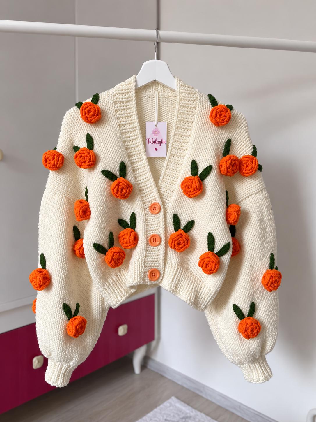 Orange Rose Cardigan, Unique Piece for Women, Vintage Roses, Thick