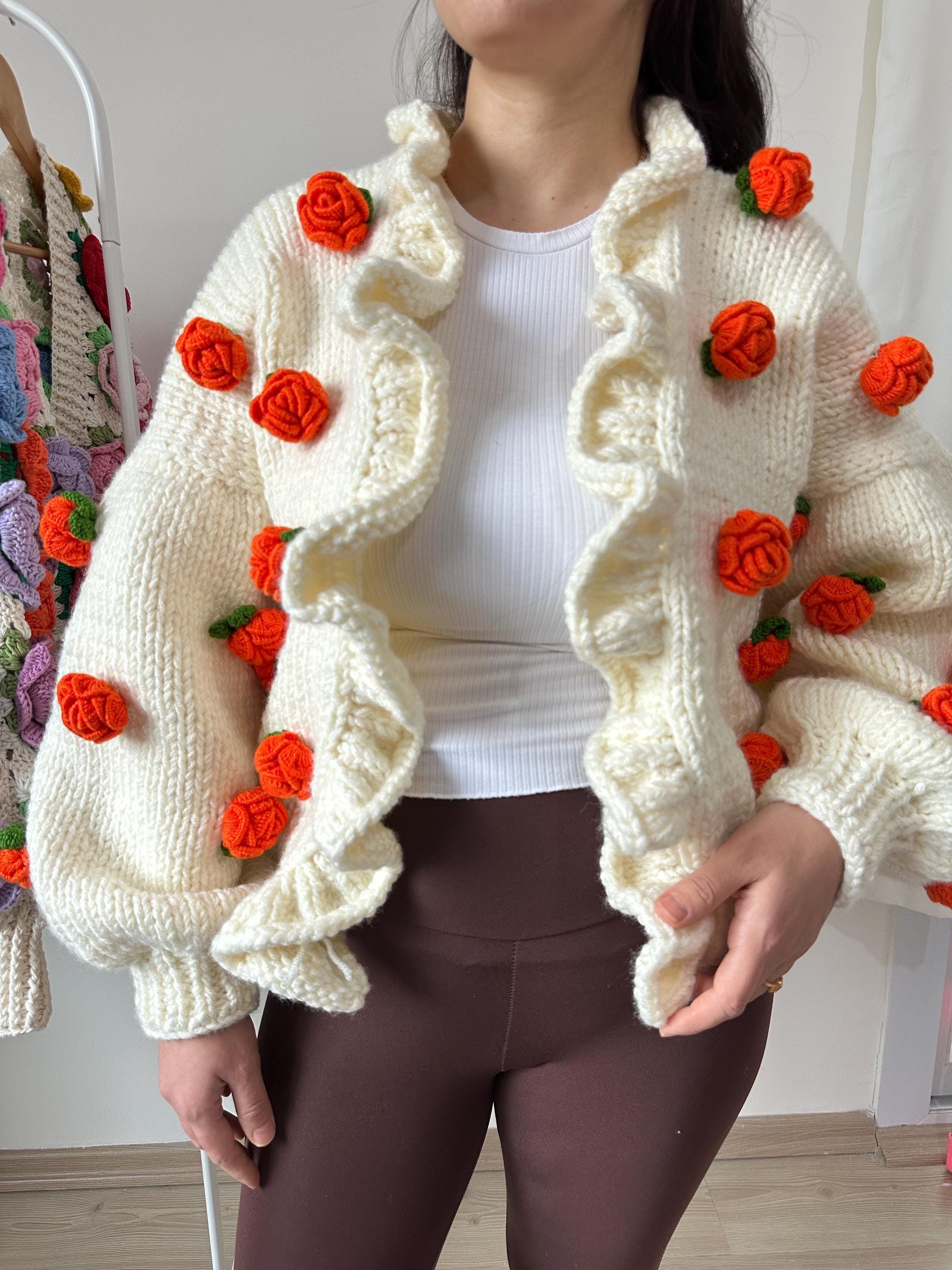 Orange Rose Cardigan, Unique Piece for Women, Vintage Roses, Thick