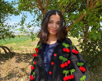 Tubilayka candy cardigan, red cherry cardigan, black special design