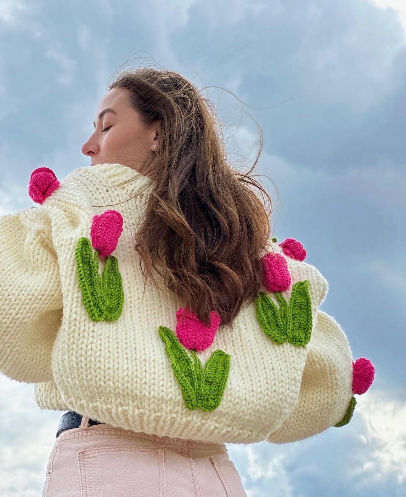 Pink Tulip Retro Cardigan,chunky Cropped Cardigan for Woman, Pink