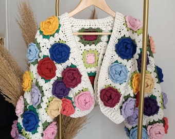 Crochet pattern, Crochet rose garden jacket, square granny cardigan, women's sweater, harry styles cardigan