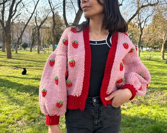 Strawberry cardigan, Cute knitted sweater, Strawberry embroidered sweater, Fruit embroidered sweater, Mother&#39;s Day Gift