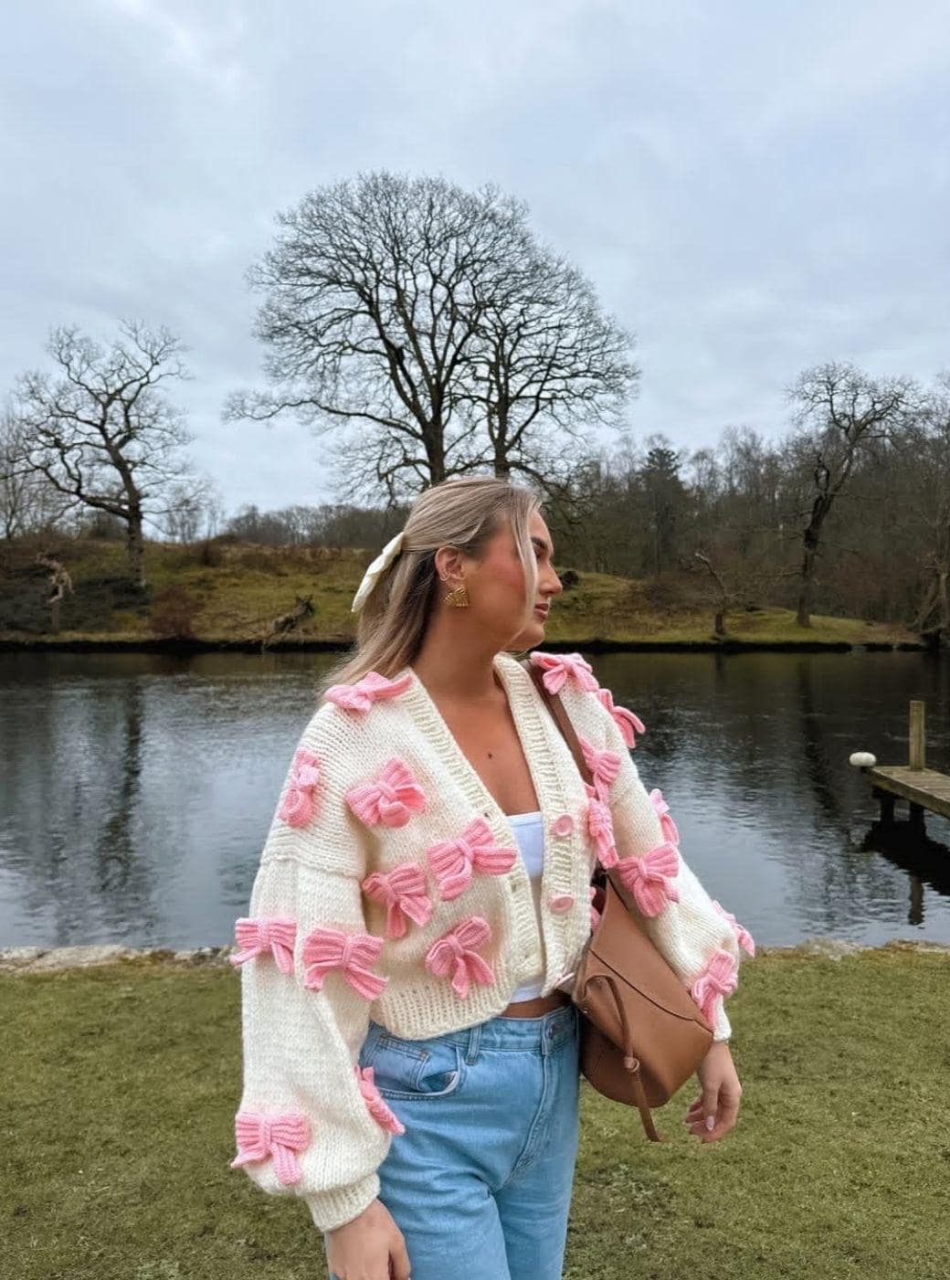 Pink Bows Cardigan, Chunky Cropped Cardigan For Woman, White Sweater With Pink Bows, Unique Gift for Women ,Mother’s Day Gift