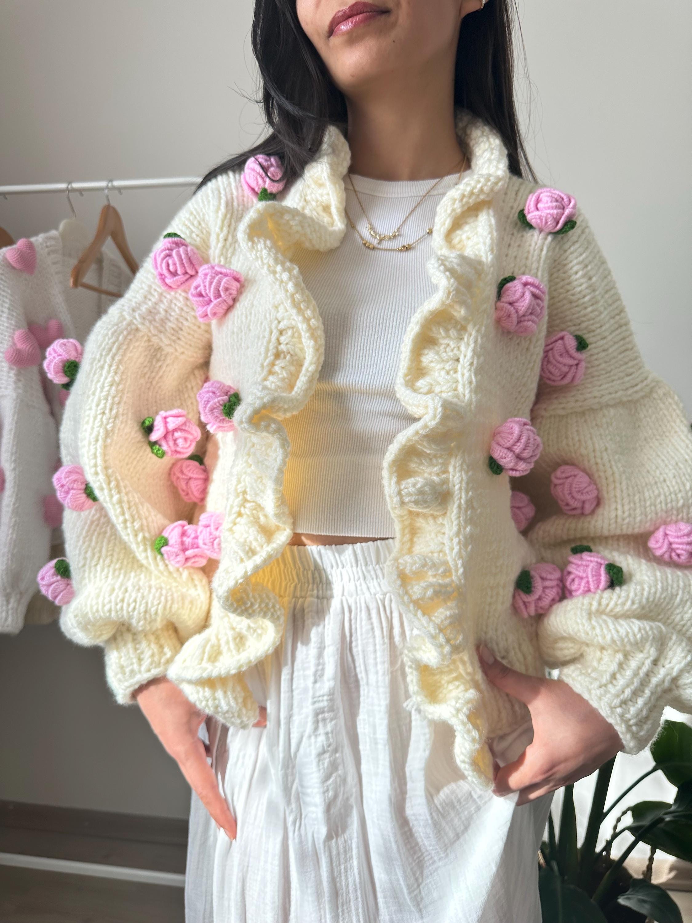 Tubilayka Pink Rose Cardigan | Handmade Floral Knit Sweater